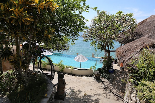 La piscina y la vista al mar desde el resort.