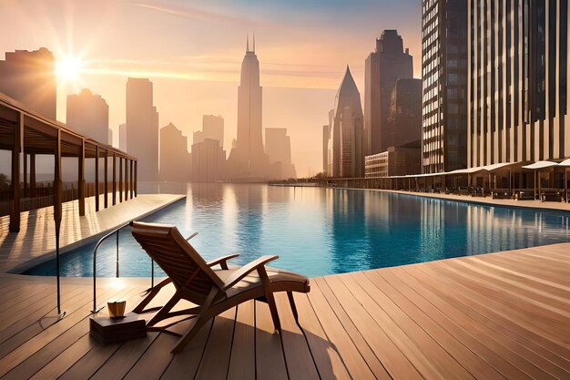 Una piscina con vista a la ciudad y una silla en la terraza.