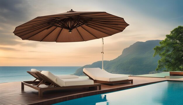 una piscina con vistas al océano y las montañas