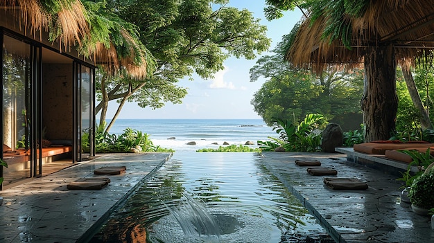 una piscina con vistas al océano y una palmera