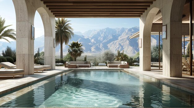 una piscina con vistas a las montañas y las palmeras