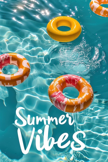 Piscinas coloridas flutuam com texto de Summer Vibes em água espumante