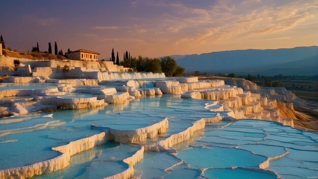 Foto piscinas de travertino iluminadas ao anoitecer