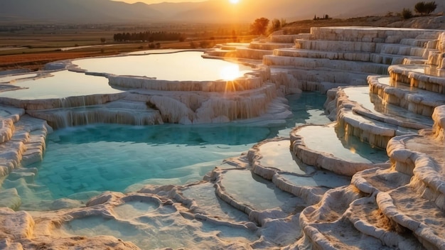 Piscinas termales en terrazas al atardecer