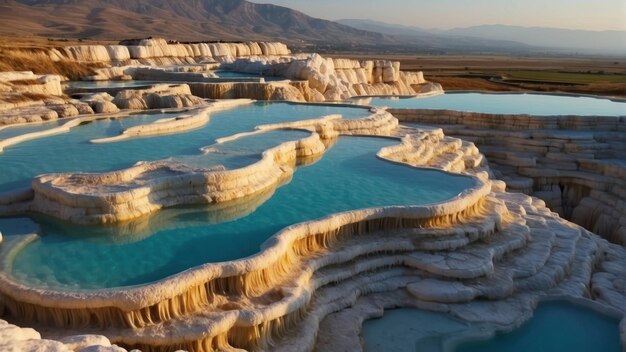 Foto piscinas térmicas em terraços ao pôr-do-sol