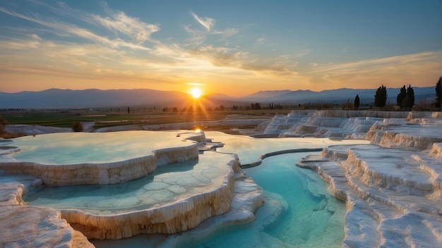 Piscinas térmicas em terraços ao pôr-do-sol