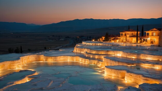 Foto piscinas de travertino iluminadas al anochecer