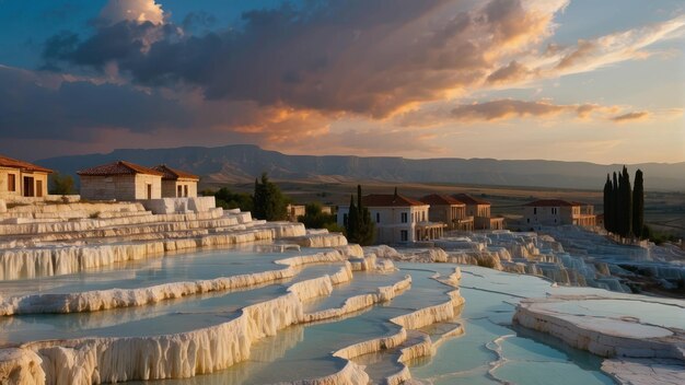 Foto piscinas de travertino iluminadas al anochecer