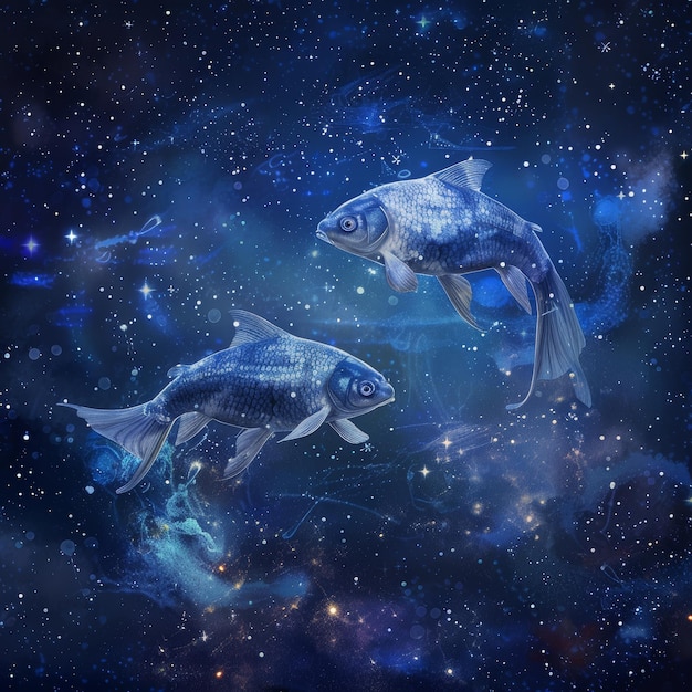 Piscis Signo del Zodíaco Piscis Horóscopo Símbolo Dos Astrología Mágica Peces Piscis en el fantástico cielo nocturno