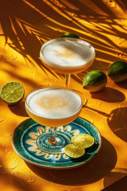 Pisco cóctel agrio en un plato turquesa con cuñas de limón tiro de ángulo alto