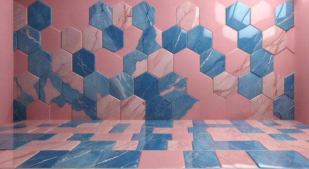 un piso de baldosas rosas y azules con un patrón geométrico en él