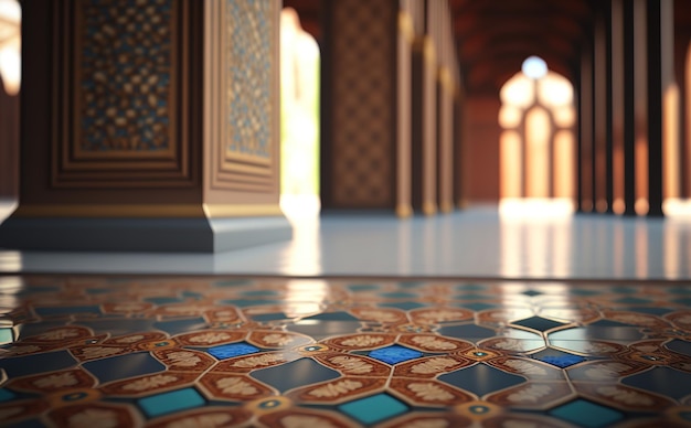 Foto piso de cerámica sobre fondo de mezquita borrosa