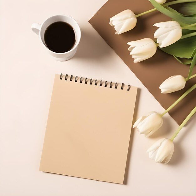 Piso en colores beige con una taza de café vacía para un cuaderno en blanco con espacio para texto AI generativo