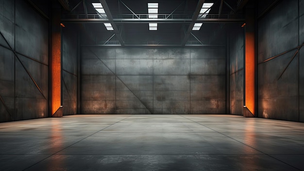 Piso de concreto dentro de un edificio industrial Uso como hangar o planta de almacén de fábrica grande Interior moderno con paredes de metal y estructura de acero con espacio vacío para el fondo de la industria