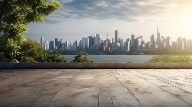 Piso de concreto vacío con fondo borroso del horizonte de la naturaleza hermosa AI generativa AIG32