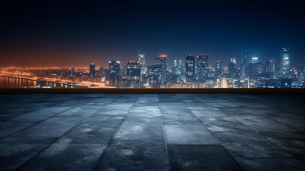 Foto piso de concreto vacío en el horizonte de la ciudad en primer plano por la noche ia generativa