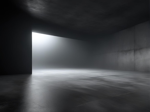 Foto piso de concreto de sala escura. sala preta ou fundo de palco para colocação de produtos. vista panorâmica do nevoeiro abstrato.
