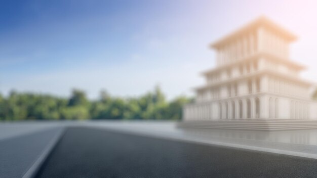 Foto piso de concreto vazio e estrada de asfalto cinza renderização 3d do edifício com fundo de céu claro