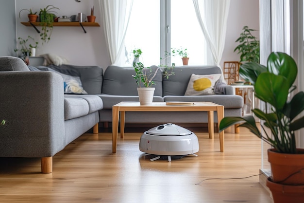 Piso de madeira de aspiração de robô em sala de estar moderna criada com IA generativa