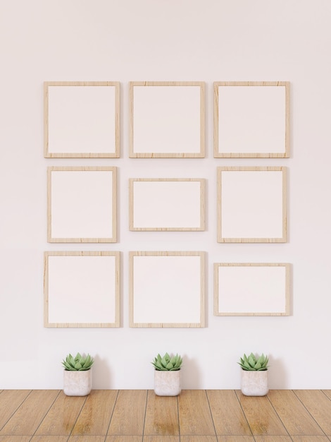 Piso de madeira e parede branca com maquete de molduras e plantas renderização em 3d