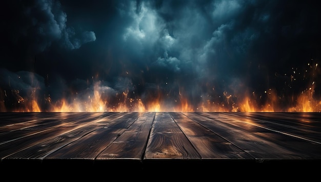 Piso de madeira em chamas com fumaça e fogo no fundo escuro.