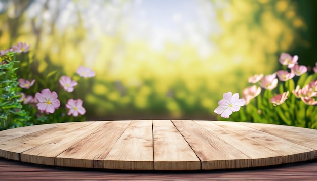 Piso de mesa de pódio de madeira ao ar livre fundo de flores de frangipani branco desfocado