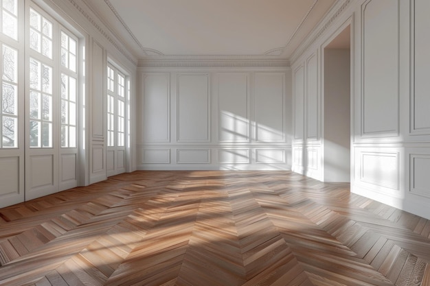 Piso de parquet em sala vazia e espaçosa