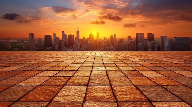 Piso de tijolo vazio com paisagem urbana e fundo do horizonte