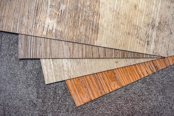 Foto piso de vinil, amostras de madeira. pequenos quadros coloridos. imagem para design com espaço de cópia em fundo de piso de vinil preto