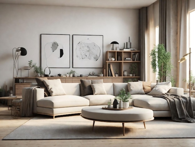 Piso e móveis de madeira confortáveis escandinavos para sala de estar