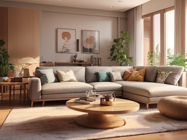 Piso e móveis de madeira confortáveis escandinavos para sala de estar