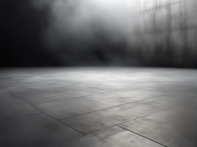 El piso de hormigón de la habitación oscura, el fondo de la habitación negra o el escenario para la colocación del producto, la vista panorámica de la niebla abstracta.