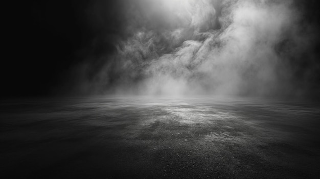 Piso de hormigón con humo o niebla en una habitación oscura con reflector Asfalto calle de la noche de fondo