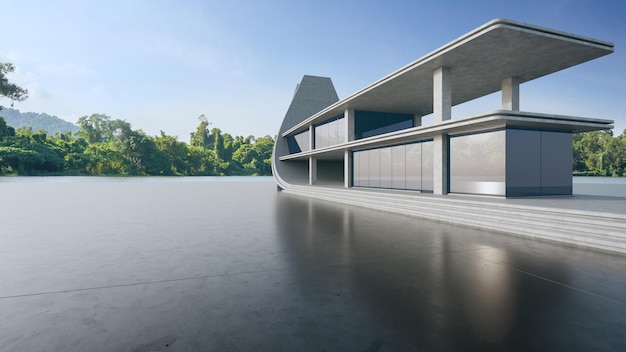 Foto piso de hormigón vacío y pared gris representación en 3d de un edificio moderno con fondo de cielo despejado