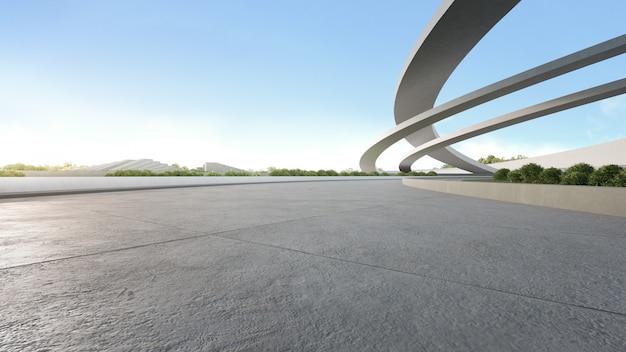 Piso de hormigón vacío en el parque de la ciudad. Representación 3D del espacio al aire libre y la arquitectura futura con cielo azul