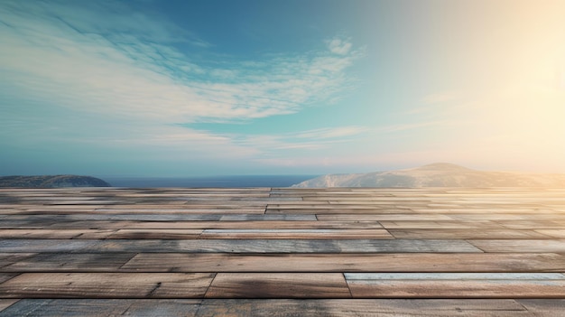 Piso de madera con un cielo azul y el sol.