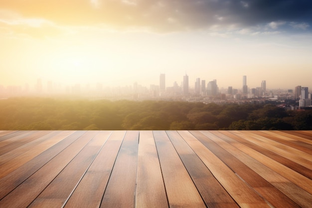 Piso de madera con una ciudad al fondo