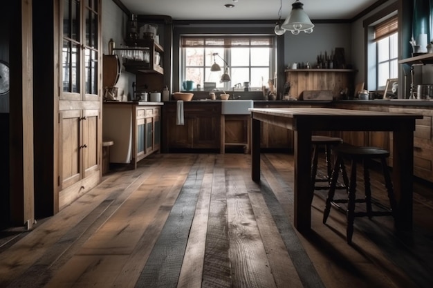 Un piso de madera en una cocina con una ventana encima