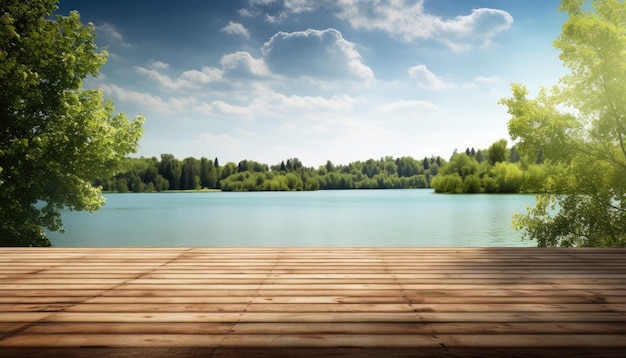 Piso de madera contra el cielo azul sobre el lago con árboles en el fondo