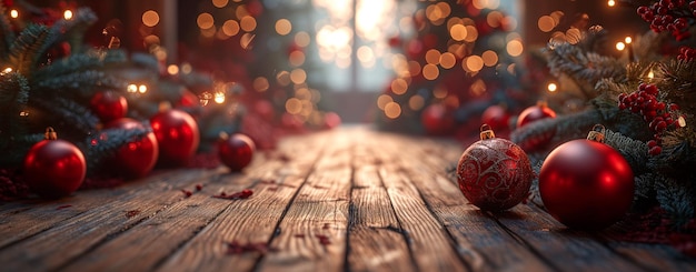 un piso de madera está en frente de un árbol con decoraciones de Navidad