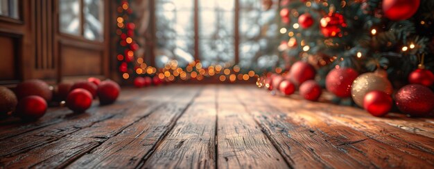 un piso de madera está en frente de un árbol con decoraciones de Navidad