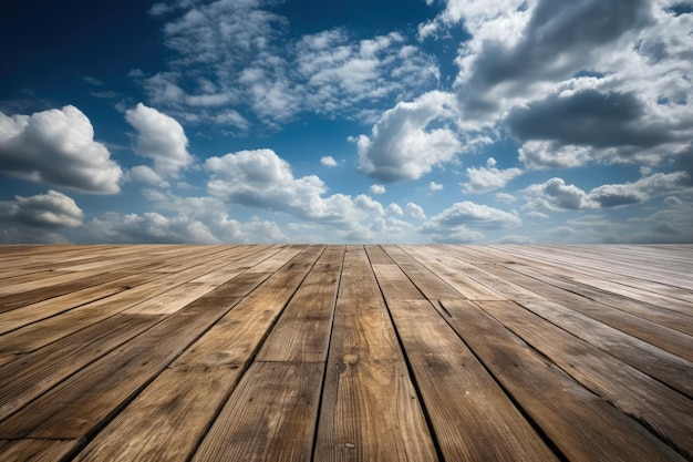 Un piso de madera con un fondo de cielo IA generativa