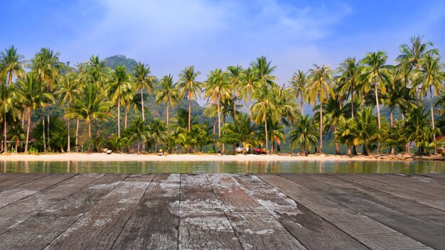 Piso de madera con mar de una isla y fondo de paisaje de naturaleza de árbol de coco