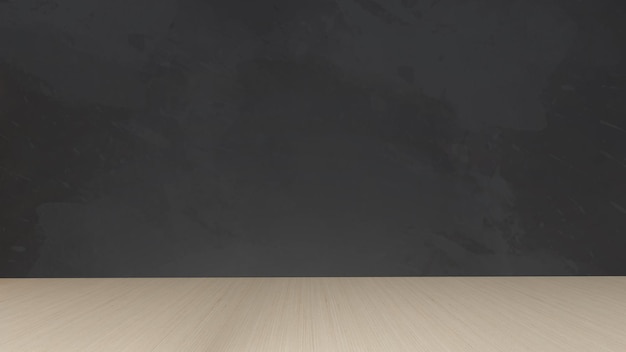 Piso de madera en muro de hormigón negro, fondo negro, representación 3d