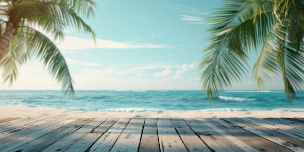 Piso de madera con palmera tropical en la playa y el cielo azul
