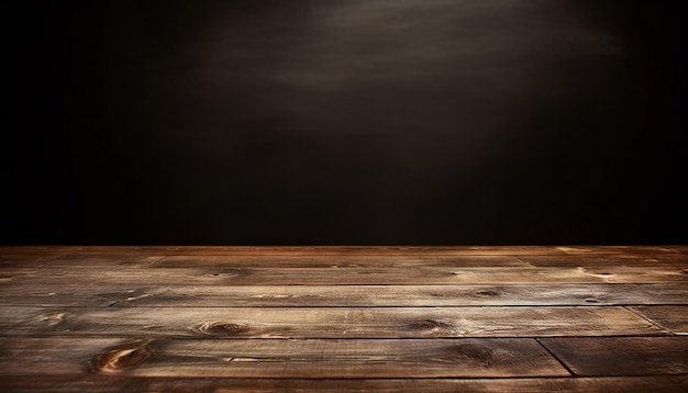 Piso de madera en una pared negra contra un fondo de habitación oscura