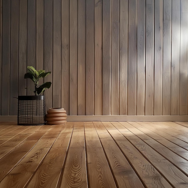 un piso de madera con una planta en olla en él