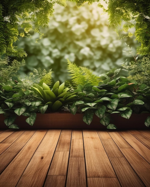 Piso de madera con plantas en primer plano