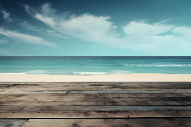 Piso de madera en una playa con cielo azul y nubes