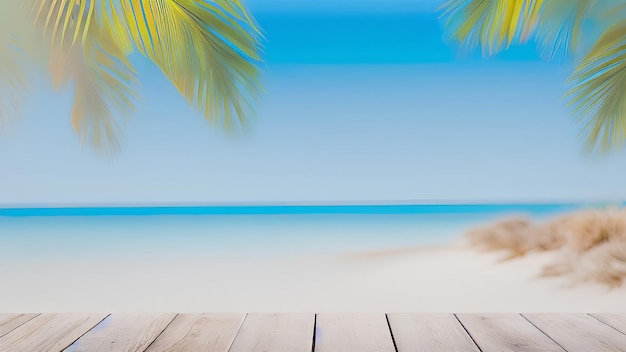 Piso de madera con playa y cielo azul.